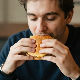 photo of a man eating a burger