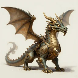 concept art for a steampunk clockwork dragon. whimsical fantasy art. award winning painting. highly detailed digital art. masterpiece. trending on artstation