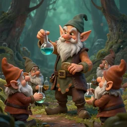 evil alchemist gnome, scientific attire, giving flasks to other gnomes, dnd, forest background, matte painting, midjourney