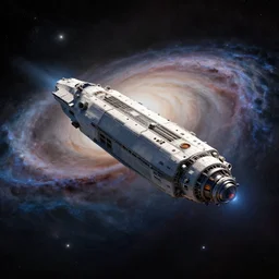 realistic photo of space ship flying between galaxies, only one space ship, in the style of greg rutsowski, 3 d octane render, hyper realistic