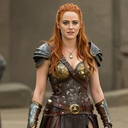 long shot photo of emma stone as a steampunk amazon warrior