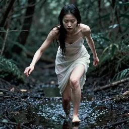 1 9 7 0 s movie still close - up of a skinny white japanese female ghost going out of water puddle, swamp backround, cinestill 8 0 0 t 3 5 mm eastmancolor, heavy grain, high quality, noir, natural textures, photorealistic, ambient occlusion, hd, ultra wide lens, anamorphic, fade color
