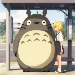 A female Retzling with short blond air, standing with big Totoro at a japanese bus stop, holding an umbrella, in the dark forest, rainy night, Studio Ghibli, Hayao Miyazaki, Ukiyo-e, style Katsushika Hokusai,