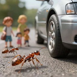 extreme close up 4k hyper realistic car from an ants perspective running over family