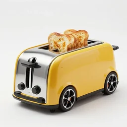 a toaster that looks like a Lamborghini car, with bread in the slots, studio product shot