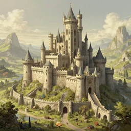 medieval castle in a fantasy landscape, Intricate ultradetailed illustration by Tomer Hanuka, by Victo Ngai, by Beeple