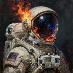 an extreme detailed painting with detailed textures of a headless astronaut with quantum fire coming out of his helmet, disturbing cybergothic dystopian polluted high image quality