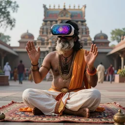 An Indian Sadhu Saadhu wearing a cyberdelic psychedelic Oculus virtual reality headset sitting on a rug in a Dravidian temple, psionic powers