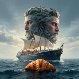 by giacomo balla and sergey grechanyuk, visually stunning, cinematic, ultra realistic, hyper realism, 1 2 k, epic, octane render, unreal engine, vfx, maya, a double merge pour : a lonely ship adrift in the endless ocean of time, morning dachshund croissant : poseidon