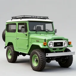 in the style of Leonardo da Vinci a green Toyota Fj43 build in 1981, black roof, with a roof rack, detailed, in the style of Leonardo da Vinci, 8K, octane render, 8K,