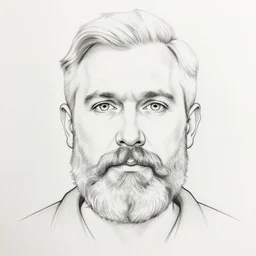 portrait, face, symmetrical, half old bearded man, half young boy, outline pen drawing