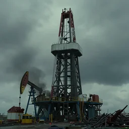 An apocalyptic scene of A nestle oil derrick destroyed after the alien invasion, 70mm Imax, Cinematic, Film Still, Directed by Michael bay