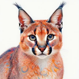photo of cute fluffy caracal vibrant colors gouache swirls detailed