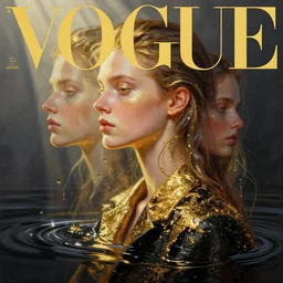 3 d, close - up, liquid gold and black water, fashion model, morning, sun rays, vogue cover style, poster art, hyper detail, intricate oil painting, multiple exposure, morning mood, 3 d, by tooth wu and wlop and beeple and greg rutkowski