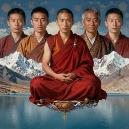 a close - up abstract portrait of a tibetan monk in lotus position flying over himalaya mountains lake in weightlessness in liquid traditional red cloth, by tsutomu niheired, emil melmoth, beth cavener, craig mullins, yoji shinkawa, trending on artstation, peter mohrbacher, hyper detailed, intricate, elite, ornate, cgsociety, hypermaximalist,
