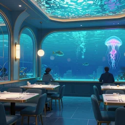 a beautiful, sharp focus, clean lines. the interior of an art deco undersea restaurant. vaporwave ombre rendering. outrun style. fish. neon backlit jellyfish. trending on artstation. recommended for you behance. by chris moore. by edward hopper. ambient occlusion. digital matte painting. metropolis filmic. gotham city.
