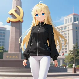 platinum - blonde - haired long bob cut blue - eyed princess wearing white leggings and black jacket, standing next to communist monument, ccommunist city, anime, hd anime wallpaper, hyperrealistic lighting, octane render, volumetric lighting, drawn by artgerm