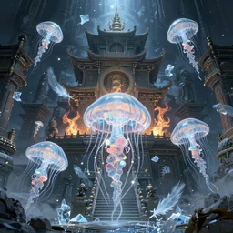 ancient temple. intricate, centered, amazing composition by amano yoshitaka, by rembrandt, illustrious makinami, digital art, digital painting, artstation trending, unreal engine, fractal flame, transparent jellyfish, transparent feathers, bio luminescent, ice, water, leds