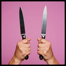 extremely detailed studio photograph of hands that are holding knives. surreal photograph, lo - fi, polished look, solid background, silly and serious, hermes ad, fashion photography, toiletpaper magazine by pierpaolo ferrari and maurizio cattelan, 3 5 mm photograph, colourful, david lachapelle, canon eos c 3 0 0, 8 k, medium - format print