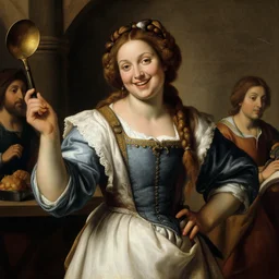 medieval barmaid with large braided hair in a busy tavern | happy atmosphere | Titian Vecellio