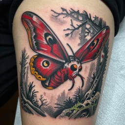 tattoo of mothman flying through a forest spooky, red, white, and black ink, hyperdetailed, realistic