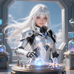 perfect white haired girl, warframe armor, beautiful, pretty face, blue eyes, detailed, windy weather, scifi, smiling, platform, laboratory, experiment, 4 k, ultra realistic, epic lighting, glow, high detail, masterpiece, by akihito tsukushi, charlie bowater, ross tran