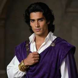 a portrait of a male version of esmeralda from hunchback of notre dame, almond color skin, young adult in his 2 0 s, black elegant hair, white shirt, realistic, elegant clothing, handsome, medieval purple garb, he is wearing golden bracelet and jewelry, style by donato giancola, wayne reynolds, jeff easley dramatic light, high detail, cinematic lighting, artstation, dungeons and dragons