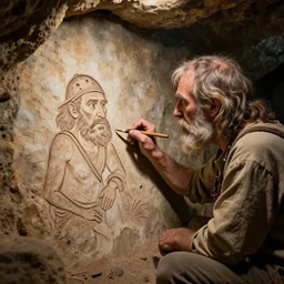 a caveman drawing a picture of arnold schwarzengger in a cave, encarving, realistic photograph, very detailed.