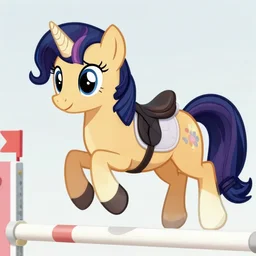 portrait of a rider on a my little pony as an ( appaloosa horse ), the pony jumping a over a hurdle with a rider on its back, an ( appaloosa ) hybrid has a mane and tail like my little pony, professional, high quality, 4 k, dof, bokeh, action