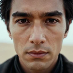 Jodorowky's Dune movie, Paul Atreides, wide angle, 65mm lens, face in focus, symmetrical face, symmetrical eyes, cinematic, cinestill 400t film