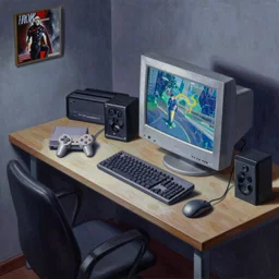 A mixed media painting of a home office and gaming setup from the nineties, playstation is on the crt screen, by Frank Frazetta, Greg Rutkowski, Beeple, post-processing, low angle, masterpiece, cinematic, isometric, volumetric lighting