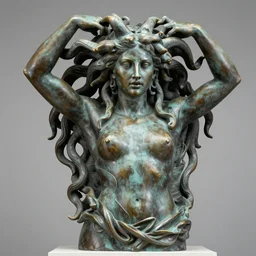 bronze sculpture of medusa, in the style of michelangelo, very long hair, professional photography, imposing