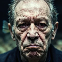 photographic portrait of wrinkly sad max ernst anglerfish face