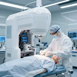 future ai laboratory with shiny glossy white machines doing surgery on human subjects. year 2 1 2 1 8 k
