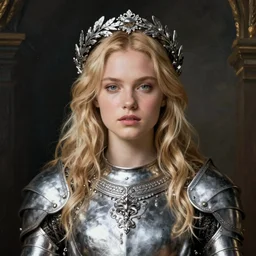 beautiful rugged kat dennings, blonde hair, wearing silver armour, ornate silver wreath, oil painting by titian, hard focus, portrait