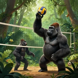 gorillas playing volleyball in a jungle with a volleyball, volleyball net, digital illustration, inspired by greg rutkowski and artgerm, high detail