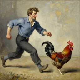 russian man chasing a rooster, painting by picasso, very high quality