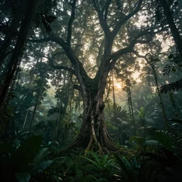 horrific, spectacular tree in a densely overgrown, sombre jungle, fantasy, dreamlike sunraise, ultra realistic