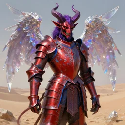 beksinski meets rococo style painting of full plate armor of crimson metal with azure blue lining and ruby studded worn by harsh amethyst colour horned demon with glowing glass wings, magic, enchanted, intricate, crystal, background desert, dusty, soft light, 8 k, artstation trending, masterwork
