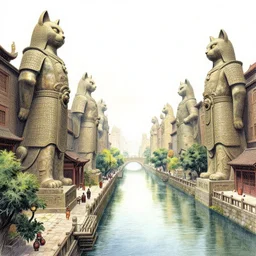 A beautiful illustration of an ancient canal city with massive statues of anthropomorphic Feline warriors by Robert McCall and Ralph McQuarrie | sparth:.2 | Time white:.2 | Graphic Novel, Visual Novel, Colored Pencil, Comic Book:.3 | unreal engine:.5 | establishing shot