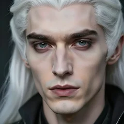 vampire, thin long nose, medium size lips, white hair, close up, high sharpness, zeiss lens, fashion photo shoot, jeanloup sieff, craig mcdean, bryan adams, bruno dayan, erik madigan heck, helmut newton, camilla akrans, chuando and frey, giampaolo sgura, greg kadel, inez vinoodh, karl lagerfel, artistic, hyperrealistic, beautiful face, octane rendering