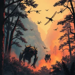 a close - up grainy risograph, painting of a scene from the horizon zero dawn, machine monsters, dense forest, dragonflies, fire, fog by moebius and kim jung gi