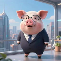 “a pig in a suit and tie wears glasses and looks over a futuristic city from his penthouse, 8k”