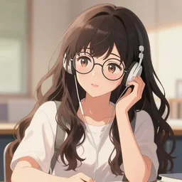portrait of an anime girl with wavy long hair wearing round glasses while listening to music with earphones and studying, aesthetic, wlop, trending on artstation, deviantart, anime key visual, 8 k uhd