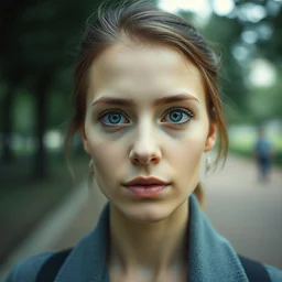 a photograph of a young woman in a park, dof, sharp focus, highly detailed face, symmetric face, realistic iris, cinestill 8 0 0 t, photography by gabriele galimberti