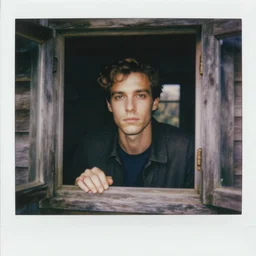 polaroid of uncanny man peaking through a dusty cabin window