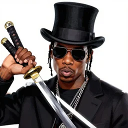 body portrait of travis scott with sunglasses and a top hat holding a katana, digital art beautiful, thick lines