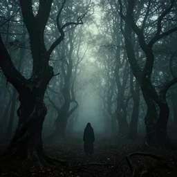 i am looking for a horror image that includes a dark, foreboding forest with twisted, gnarled trees. there should be a foggy, ethereal quality to the image, and the light should be dim and eerie. i would like the image to include at least one figure, who should be shrouded in darkness.
