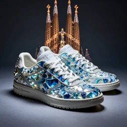 sagrada familia sneakers designed by tinker hatfield made with ice crystal glass ceramic and porcelain, photo realistic, hyper realism, dramatic low-key neon lighting, light painting, editorial photo from magazine,