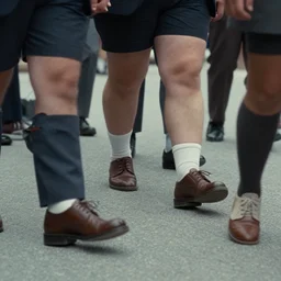 Hyderdetailed, realistic and true to life, low angle view of the feet and shoes and legs of a group of chubby white business men walking past, cinematic, 1980s
